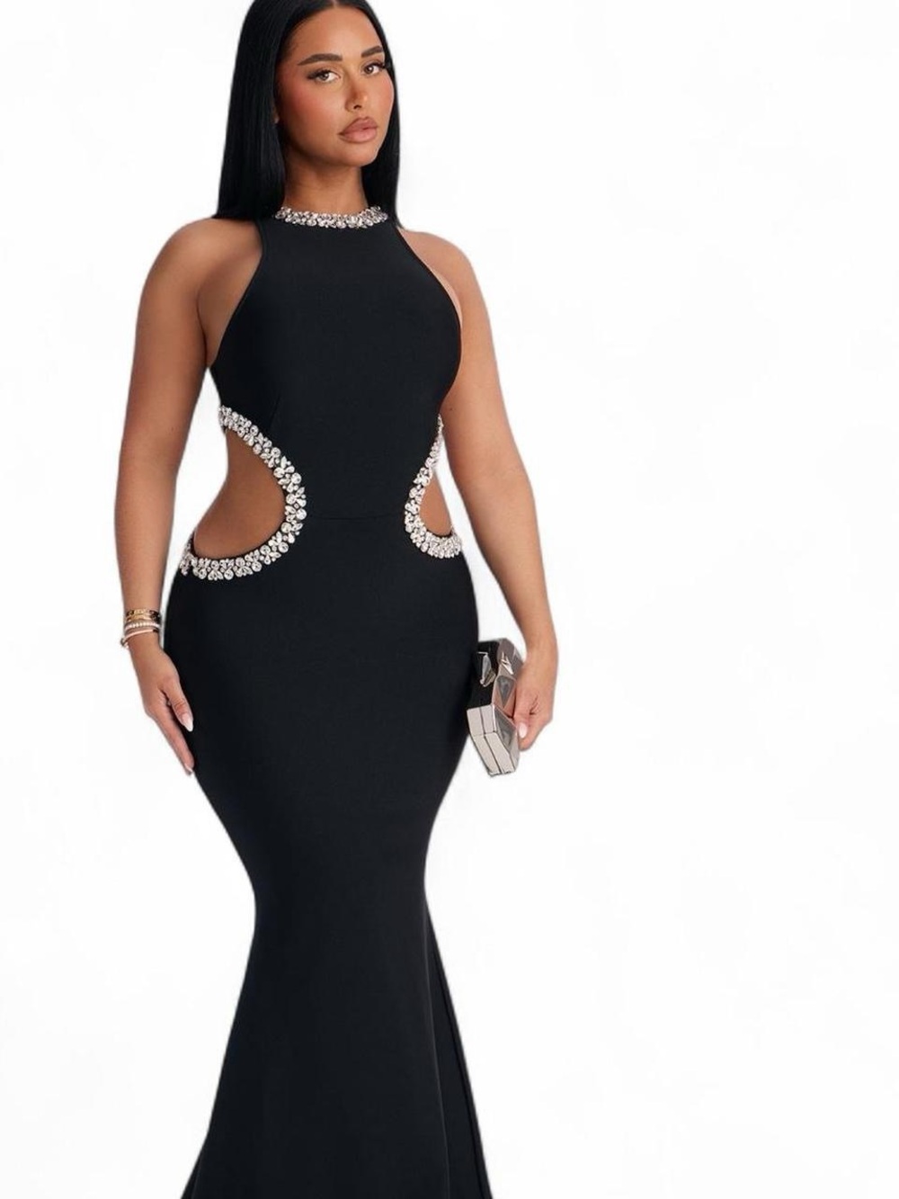 Fashion Nova Black Backless Mermaid Gown with Crystal Accents